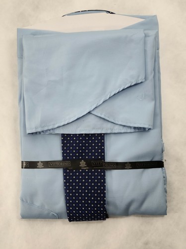 VITTORINO Dress Sz Med 15-15.5 Light Blue Shirt w Tie & Handkerchief NEW 100% Po - Picture 3 of 6