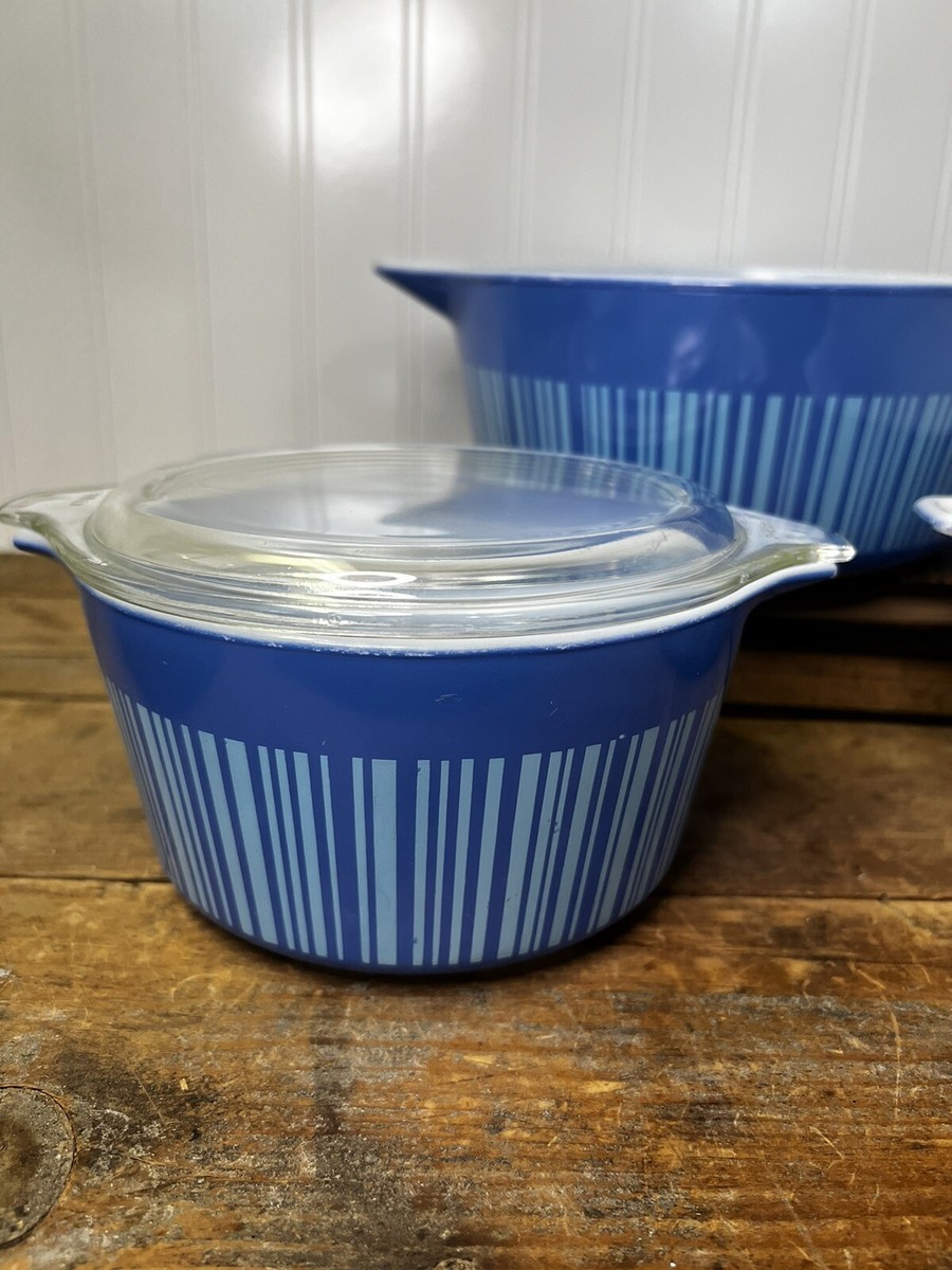 Vintage Pyrex Barcode Blue Stripes MCM 475 474 473 Casserole Dish