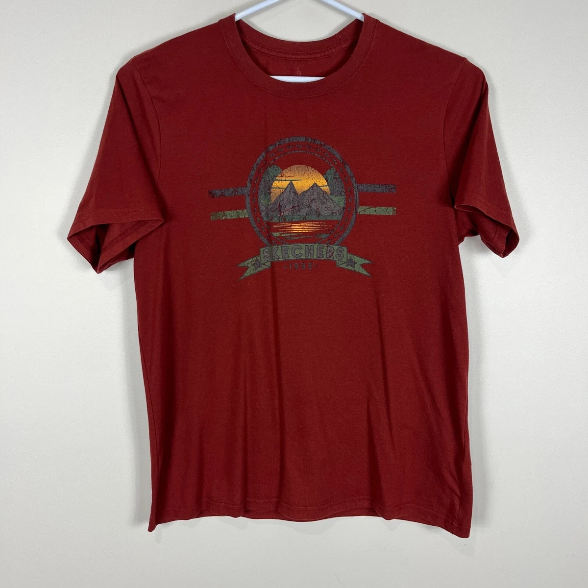 Skechers Red Crew Neck Casual Lightweight Cotton Poly Tee T Shirt Men s Large L