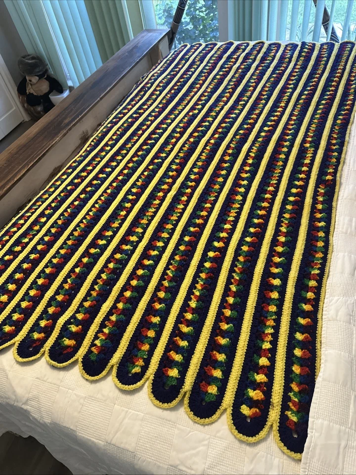 Manta afgana 68 x 40 arco iris ganchillo colores brillantes hecha a mano vintage Foto 2 de 4