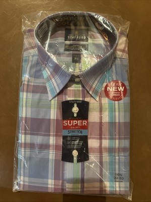 STAFFORD MENS STRETCH SUPER WRINKLE FREE DRESS SHIRT 16.5 BLUE /PLUM PLAID NWT.