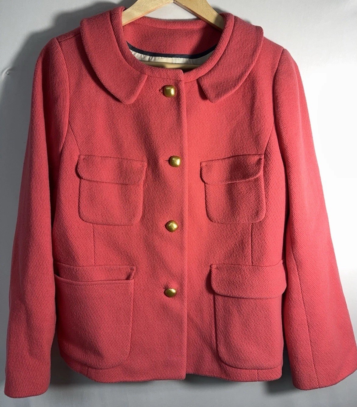 J.Crew Coral Pink Wool Blend Jacket Gold Button Front Pockets Women’s Medium