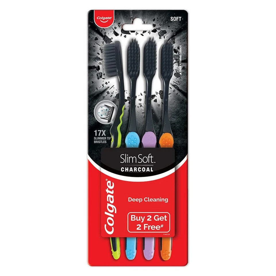 Colgate Slim Soft Charcoal Toothbrush 2 Pack Gentle Deep Cle