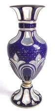 ANTIQUE MOSER BOHEMIAN COBALT BLUE OVERLAY CUT CLEAR GILT GOLD ART GLASS VASE