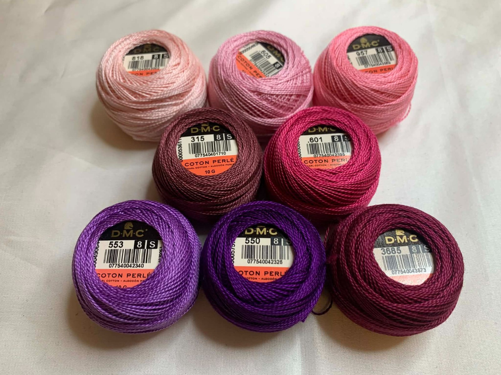 lot of 8 DMC 116 8 Perle Cotton Thread Balls, Size 8 new #81 Pink Purple