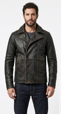 Classic Men's Black Distressed Leather Premium Double-Breasted Slim Fit Pea Coat