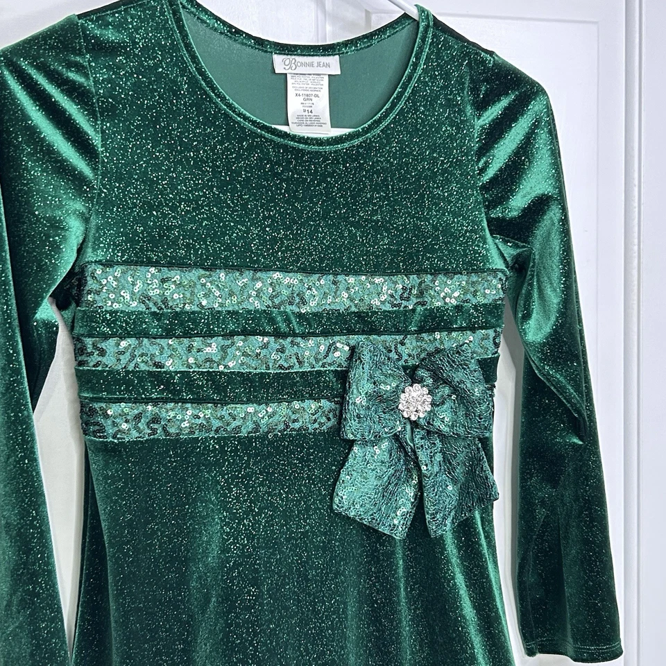 Vestido Bonnie Jean Terciopelo Línea A Niñas 14 Verde Brillo Lentejuelas Vacaciones Navidad LEER Foto 2 de 4
