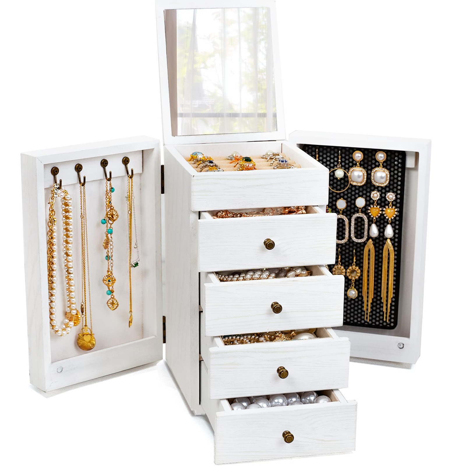 5-Layer Wooden Jewelry Box with Mirror and Drawers for Women-image