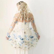 Blue Lotus Floral Embroidered veil Lace wedding veil Fingertip Length With Comb