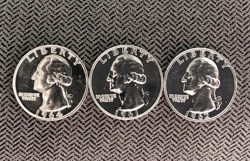 Lot of 3 Silver Proof Washington Quarters w/ Light Circulation, 1961, 1962, 1964