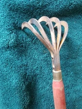 Vintage 5 Tine Hand Cultivator  Rake Claw Garden Tool Red Wood Handle 