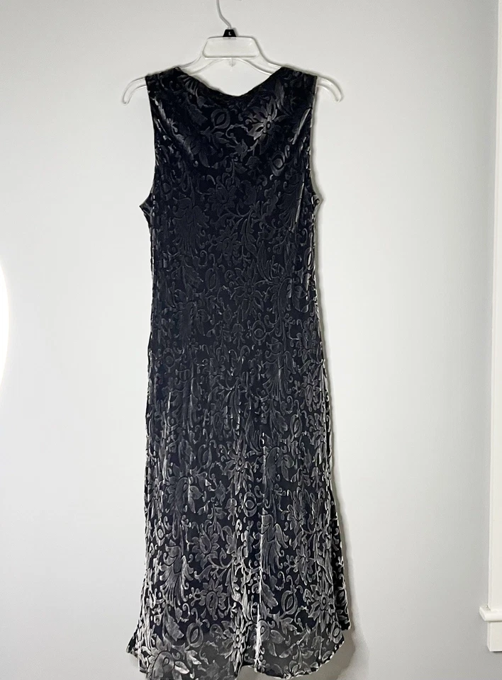 Laura Ashley Velvet Burnout Midi Dress Gray Midi Cowl Women’s Size 12 VTG Silk - Image 2 of 4