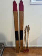 Vintage Wooden Children&rsquo;s Skis 42&rdquo; Red Tips w/ Poles Rustic