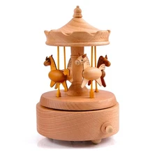 Carousel Music Box Turn Horse Shaped Wood Crafts Birthday Gifts Home Decor K6J9