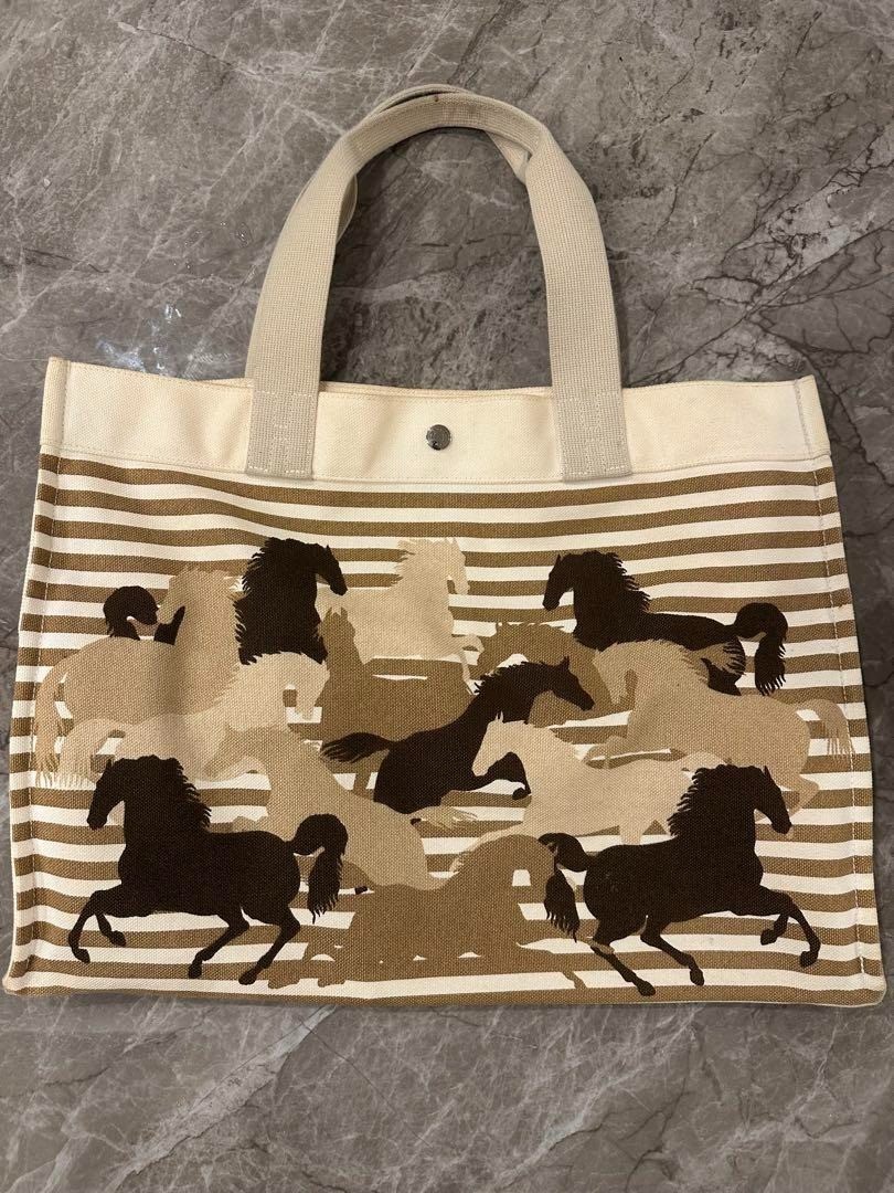 HERMES Chevaux Camouflage White Canvas Tote Bag Horse Brown