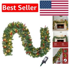 9FT Prelit Christmas Garland with 50 Warm Lights   Pine, Berries  Cones