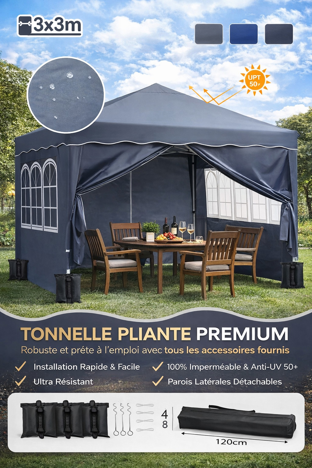 Tonnelle de jardin 3x3m imperméable avec tonnelle pliante et bâche de toit 3x3