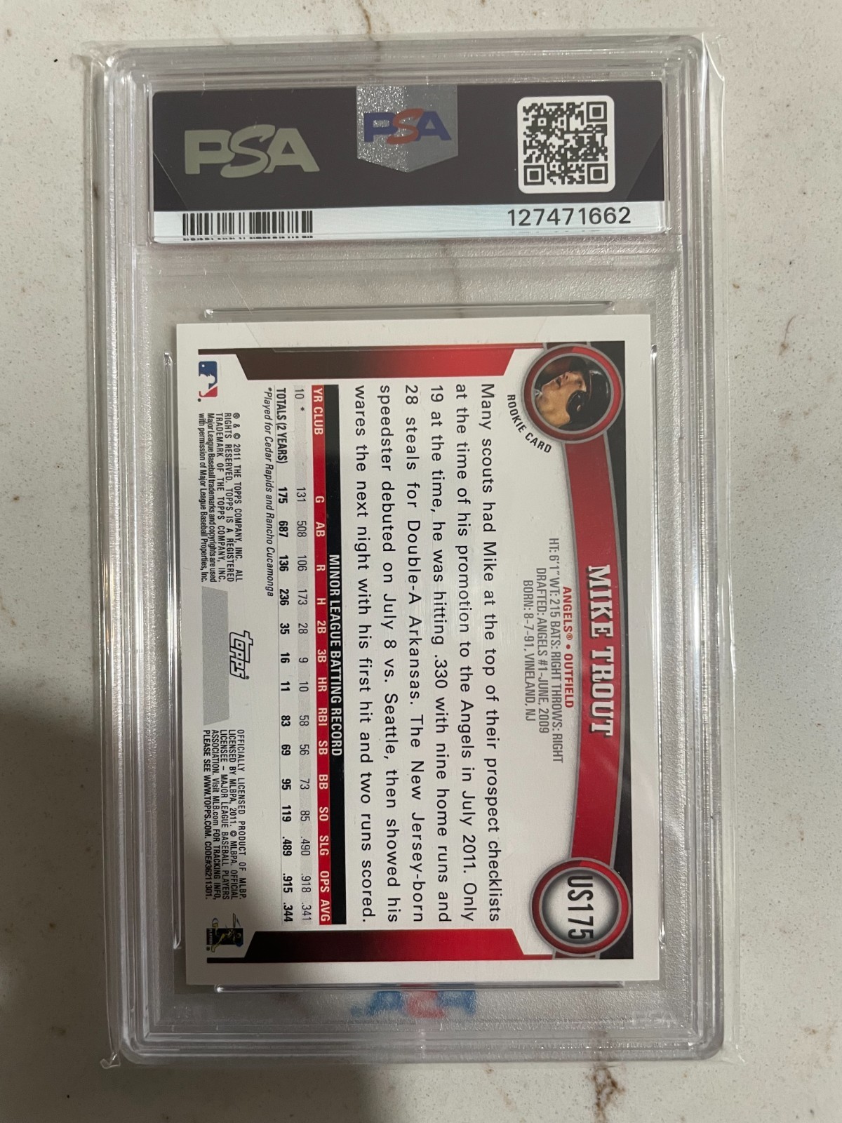 2011 Topps Update Mike Trout Rookie #US175 PSA 10 GEM MINT RC view 2