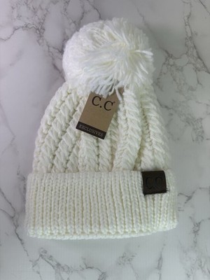 C.C Unisex Classic Solid Color Ribbed Cable Knit Pom Beanie Women White Ivory
