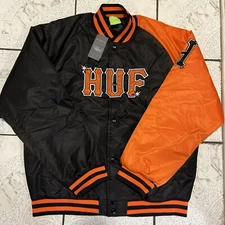 New HUF Satin Bomber Baseball Jacket Black Orange Men’s Size Large