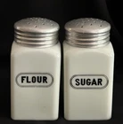 Vintage White Milk Glass Range Sugar & Flour Shaker Set Black Block Print Nice!