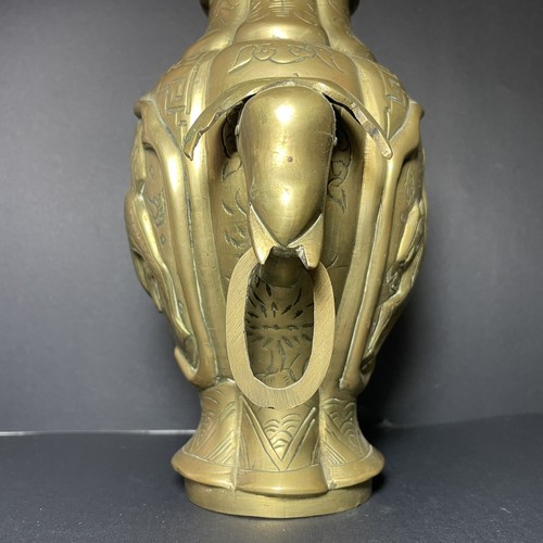 Antique Vintage Etched Chinese Brass Urn Vase Jar Elephant Head Handles Dragon - Picture 6 of 14