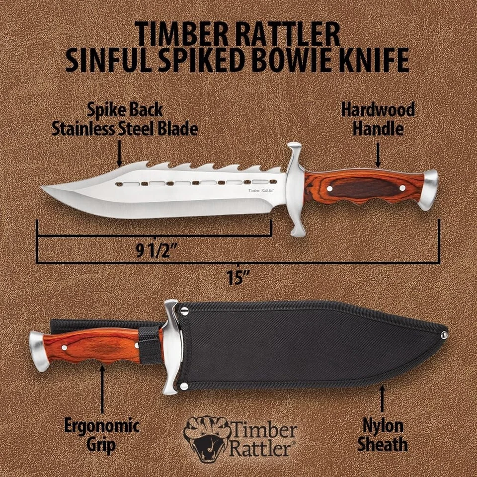 Cuchillo Bowie Timber Rattler Sinful Spiked con funda | Parte posterior con púas | 15" en general Foto 2 de 4