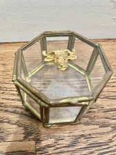 Vintage Paneled Glass and Footed Hexagon Brass Trinket Jewelry Box NL
