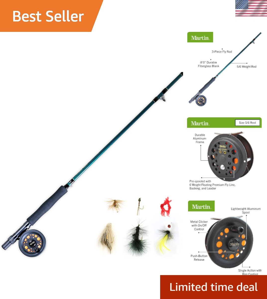 Martin Complete Fly Fishing Kit, 8-Foot 5/6-Weight 3-Piece Fly Fishing  Pole,