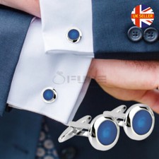 Casual Business Party Fancy Elegant Silver Plated Blue Round Cuff Link Cufflink