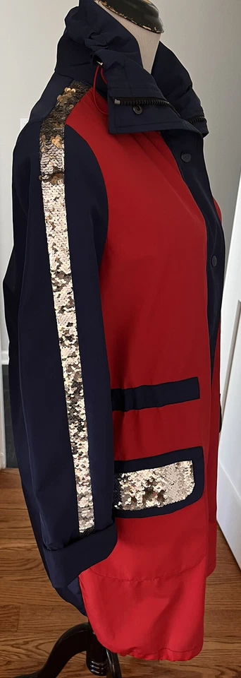Chaqueta Parka con Capucha Landi Fancy Navy & Red con Lentejuelas Plateadas- Talla 44. EUC Foto 2 de 4