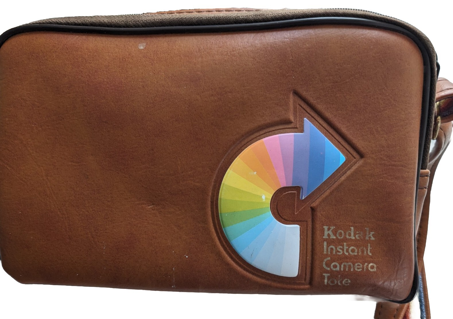 Kodak Instant Camera Tote Brown Leather Rainbow Strap Carrying Case Bag Vintage-image