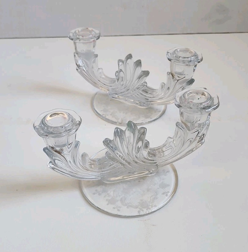 VTG Fostoria Crystal Etched Glass Meadow Rose Baroque Candelabra    Set Of 2