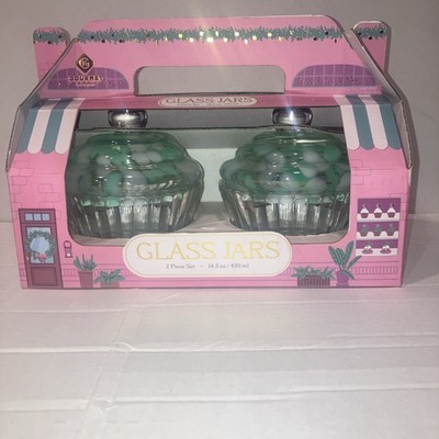 Gourmet Kitchen Glass Cupcake Jars Set - aqua/white/clear. Brand New in Box