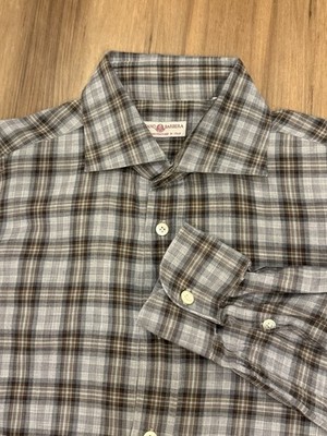 Luciano Barbera Shirt Men s Medium Plaid Cotton Gray Brown Made in Italy