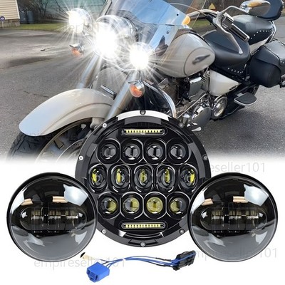 For Yamaha Road Star Silverado XV1600 7'' LED Headlight + 4.5'' Fog Passing Lights