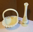 Lot- 2 Fenton Hand Painted Satin Custard Ruffled Basket 7" & Bud Vase 8.25" Glow