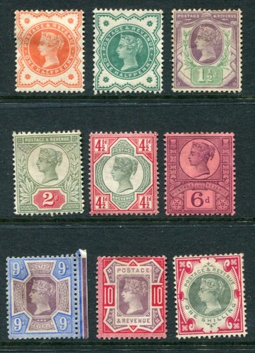 GB 1887-92 QV GIUBILEO MH lotto a 1 scellino 9 francobolli