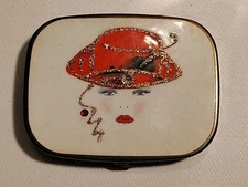Vintage Red Hat Society Pill Box Lady In Hat Compact Purse Size Art Deco 2.5"