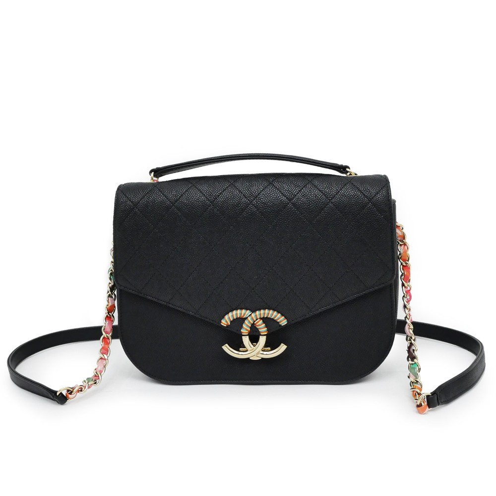 CHANEL Black Caviar Matelassé Chain Shoulder Bag A93660 with Top Handle 2-Way