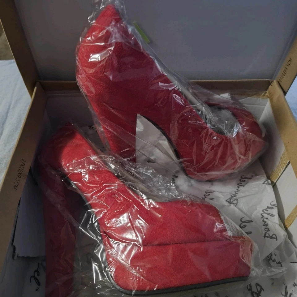 Bonnibel Peep Toe Rojo Tacones Altos Talla 7.5 Bomba 5" Tacón 1" Plataforma Gamuza Tisha 2 Foto 3 de 4