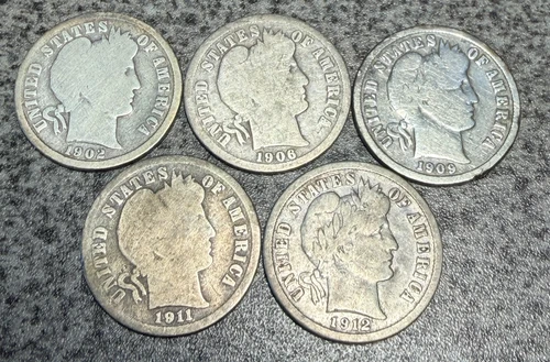 LOT OF 5 - 1902 1906 O 1909 1911 & 1912 D BARBER DIMES 90% SILVER... WORN