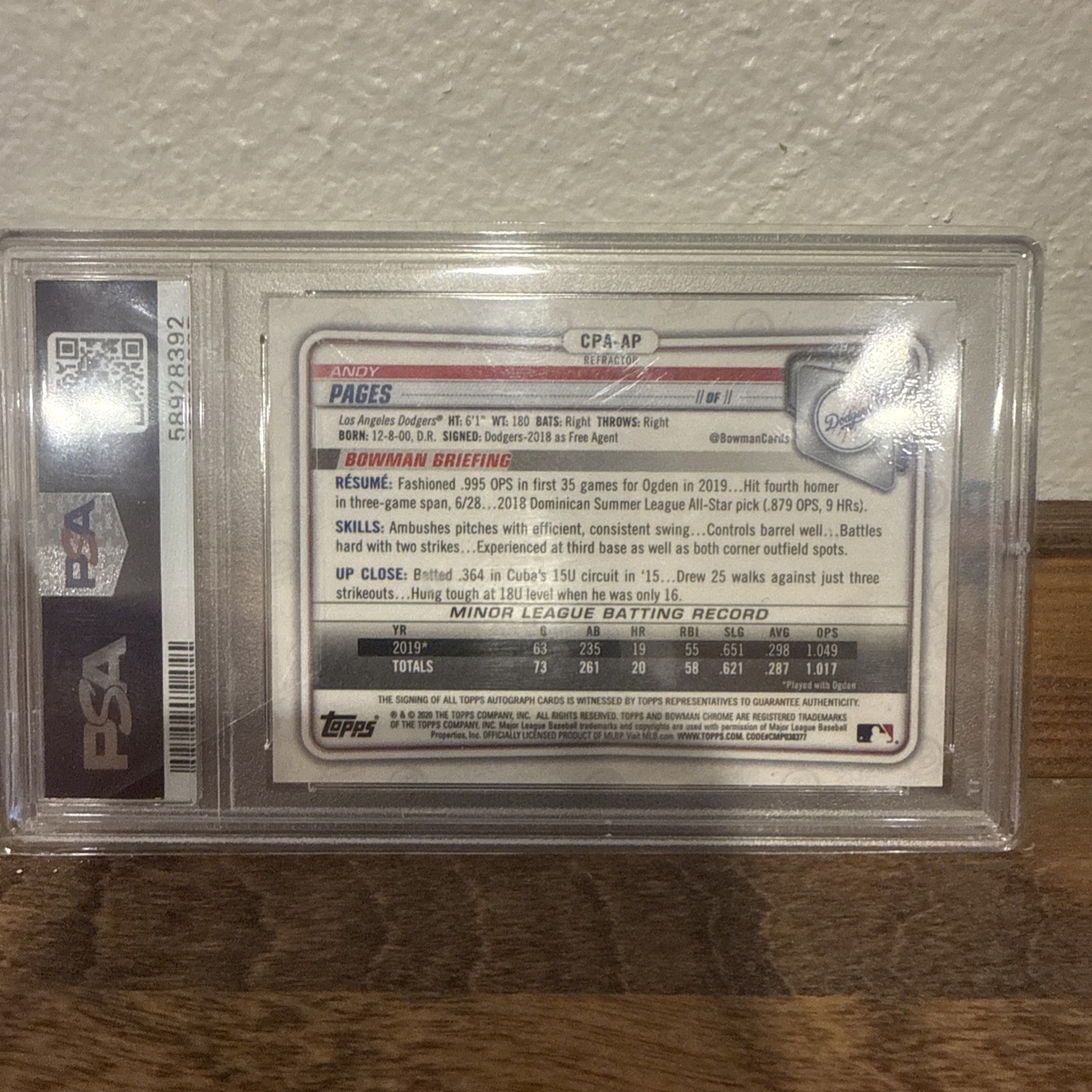 Andy Pages 2020 Bowman Chrome Refractor Auto /499 PSA 10 view 4