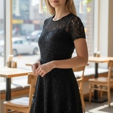 Amoluv Black Lace Dress Women Size M New Floral Fit Flare Short Sleeve Mini