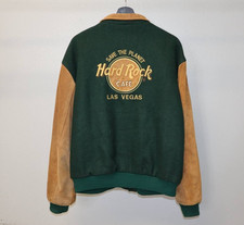 Vintage 90s Hard Rock Cafe Varsity Jacket Men's XL Green Wool Leather Vegas