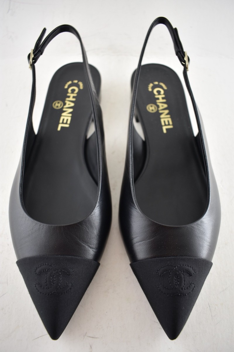 Chanel 24A Black Leather CC Logo Coco Sling Slingback Pointed