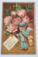 VTG 1910 BIRTHDAY PC US Postal Service Mailman delivers a Huge Bouquet of Roses