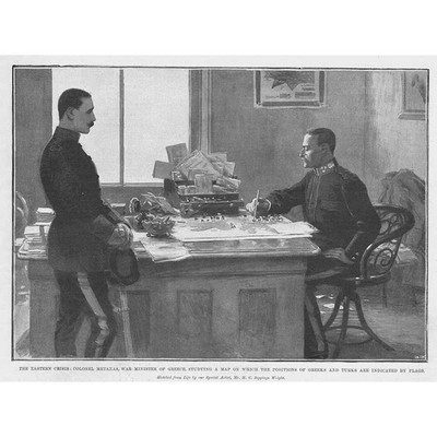 GRIECHENLAND Kriegsminister Oberst Metaxas studiert eine Karte - antiker Druck 1897