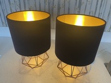Two Dark Navy Bedside/Table Lamps With Metallic Coloured Geometric Base