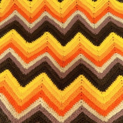Vintage 70s Style Handmade Crochet Afghan Blanket 54x75 Zig Zag Chevron Brown